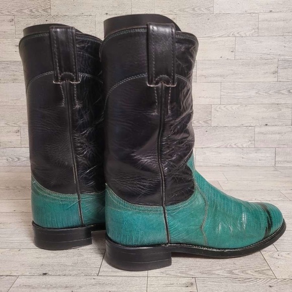 Vintage Justin Western Turquoise Green Lizard Leather Cowboy Boots Women's 6.5 B - Picture 7 of 9